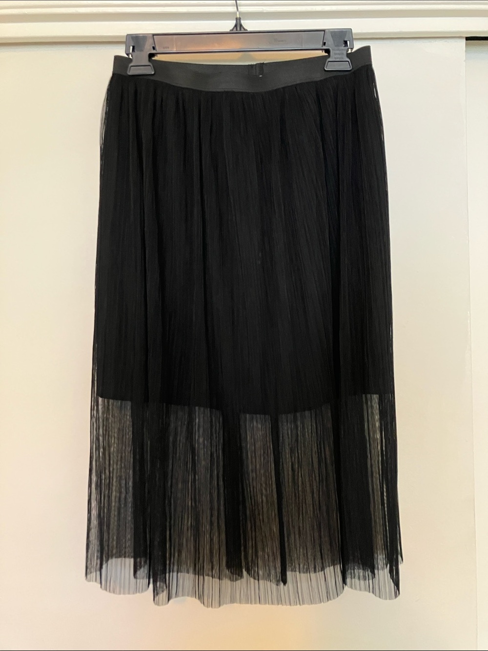 BCBGeneration Black Pleated Midi Skirt with Sheer Hem